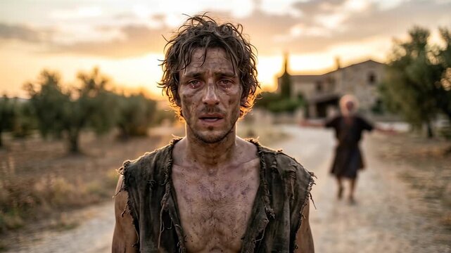 The Prodigal Son Returns Home in a Powerful Biblical Scene of Repentance Forgiveness Redemption Mercy Family Reconciliation Faith Humility Hope and Christian Spiritual Renewal Inspired by Jesus Parabl
