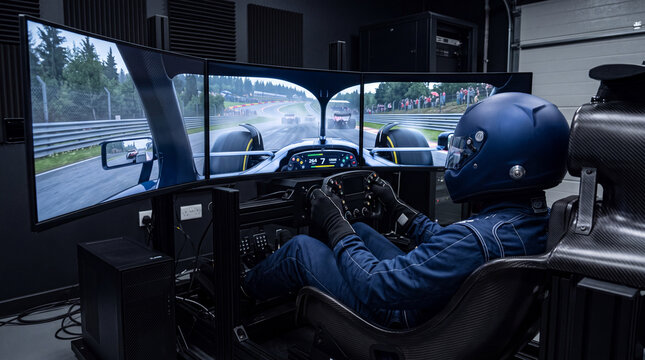 Formula 1 driver practicing race laps in multi-screen simulator. Concept of motorsport training, virtual driving experience, racing technology.