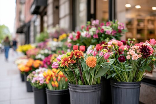 Colorful fresh flowers displayed in black buckets outside flower shop, vibrant seasonal bouquets, floral retail, local florist and urban street market
