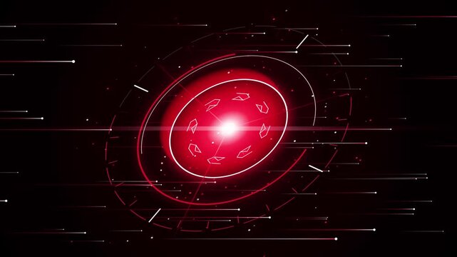 Abstract red digital technology HUD interface glowing with particles and light streaks