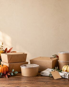 Thanksgiving takeout menu background with takeaway meal packaging
