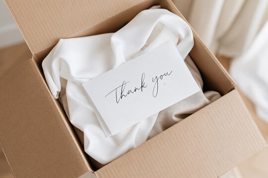 Open cardboard box with wrapped product and thank you note, personalized ecommerce packaging, small business order fulfillment and premium unboxing experience