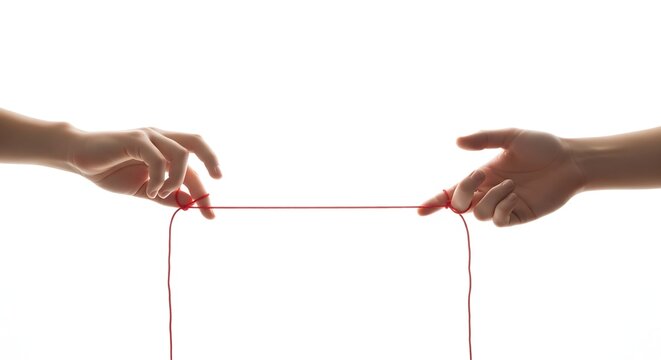 Two hands holding a red thread representing connection and destiny