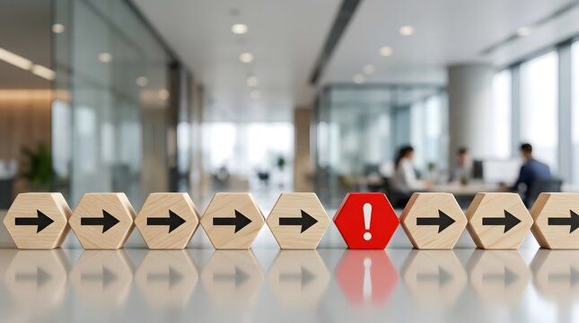 Wooden hexagon blocks with arrows and a red exclamation mark in a blurred office, symbolizing business risk, warning, or process disruption.