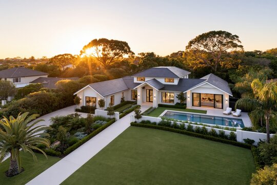 Elegant luxury house surrounded by landscaped gardens at sunset, upscale family residence, premium residential property, dream home and high end real estate