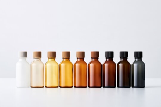 Row of small glass bottles in graduated amber colors on white background, pharmaceutical containers for medicine, laboratory samples, cosmetics and liquid product packaging