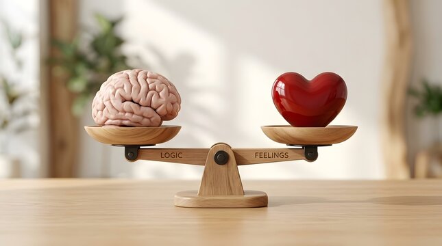 3D illustration of a brain and red heart balanced on a wooden scale labeled logic and feelings, representing the conflict and harmony between rational thought and emotional intuition.