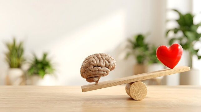 Conceptual balance between logic and emotion. Human brain and red heart on a wooden seesaw symbolizing mental equilibrium, rational decision-making, and emotional intelligence.