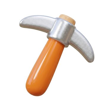 A stylized 3D render of a toy pickaxe with an orange handle and silver head is isolated.