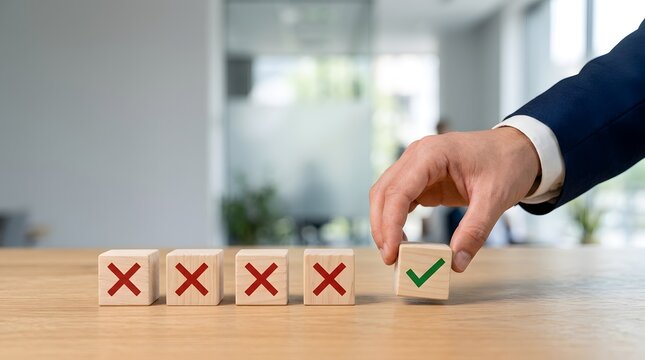 Businessman hand choosing green check mark wooden block among red crosses in office, representing selection and right decision.