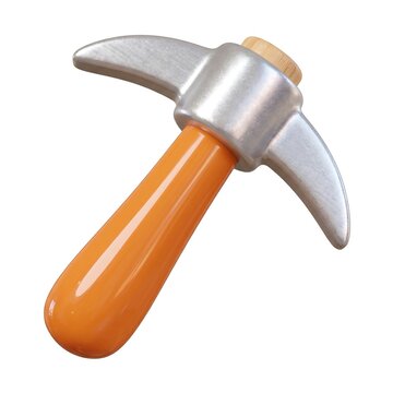 A 3D rendered icon of a pickaxe features a smooth orange handle and metallic silver head.