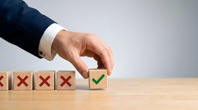 Businessman hand picking green check mark wooden block from row of red cross blocks for correct choice, decision making, evaluation, success, and quality control concept.
