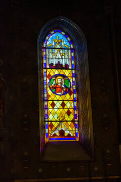Stained glass window depicting the Good Shepherd with a lamb, Gers, Saint Georges, France