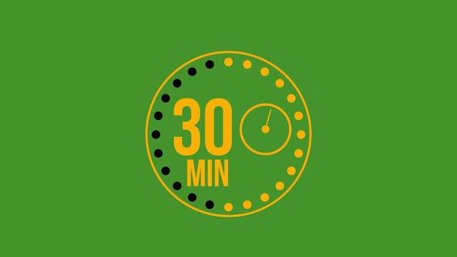 30 minute timer animation, with a green screen background. Circle icon with time indication, cooking time label. 4K