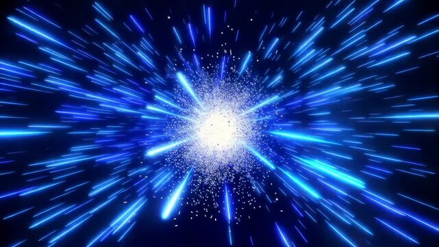 Dynamic blue light burst transitions from a focused point to an expansive explosion of energy, creating a vibrant visual effect in a dark space