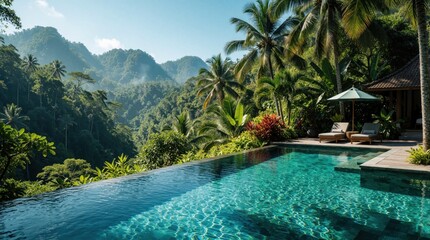Obraz premium Infinity pool overlooks rich jungle valley with palm trees. Resort relaxation area with sunbeds and umbrella near tropical forest destination.