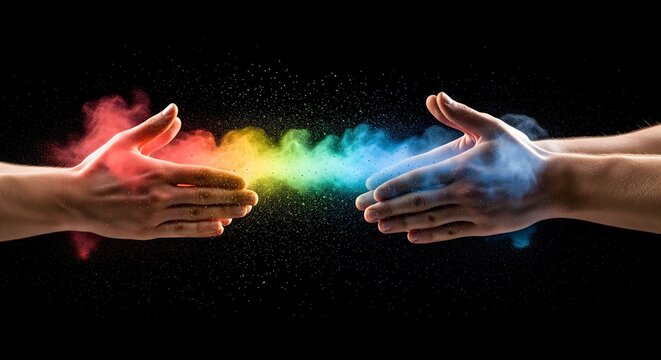 Two hands reaching together with a colorful rainbow powder explosion