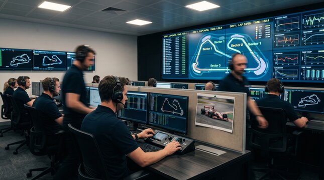Formula 1 engineers analyzing telemetry data in motorsport control room. Concept of race strategy, performance analytics, engineering teamwork.