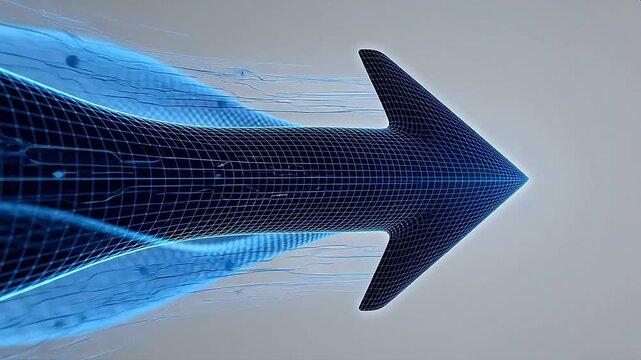 Dark blue grid arrow shape with connected nodes on light gradient background