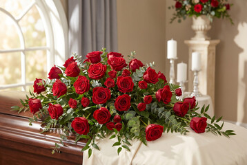 Fototapeta premium Red roses casket spray arrangement on a memorial table 
