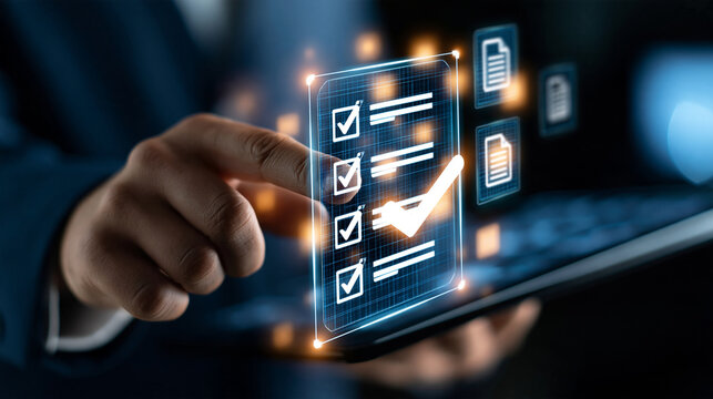 Bright glowing digital checklist system interface for document approval workflow management concept clean well lit background quality control technology digital transformation workflow