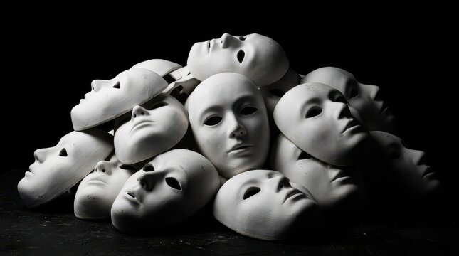 Pile of White Expressionless Human Masks on Black Background for Identity and Psychology Concepts