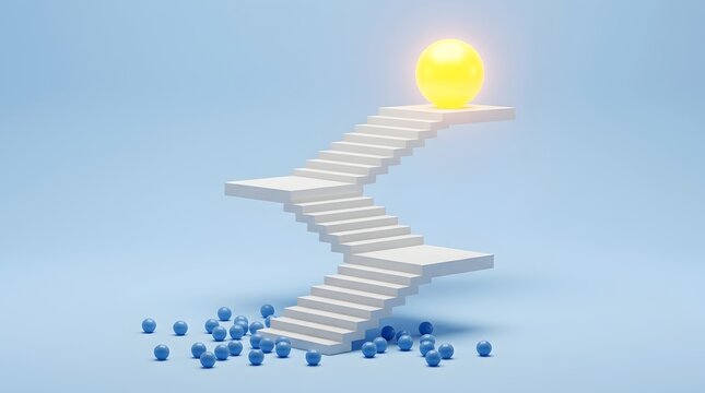 3D rendering of white winding stairs leading to a glowing yellow orb on a blue background, symbolizing success, career goals, achievement, and reaching the top of an ambitious path.
