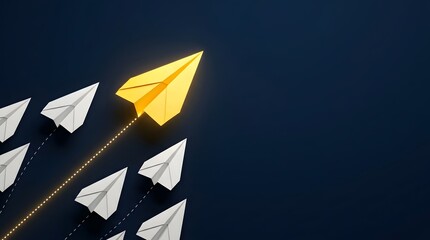 Obraz premium Yellow paper plane leading white planes on dark blue background, representing leadership, business innovation, and standing out from the crowd in a minimalist conceptual design.
