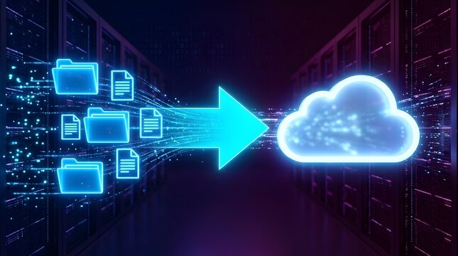 Conceptual 3D illustration of digital data migration to cloud storage, featuring neon folder icons and a glowing cloud symbol within a dark server room for high-tech hosting and backup services.