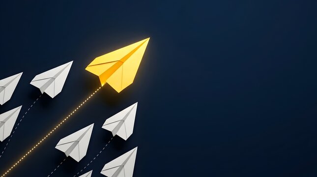 Yellow paper plane leading white planes on dark blue background, representing leadership, business innovation, and standing out from the crowd in a minimalist conceptual design.
