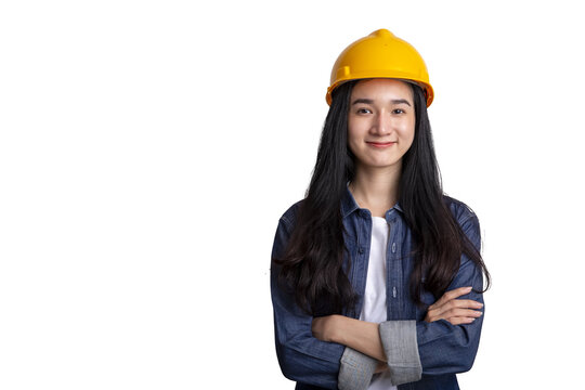 Asian female construction worker isolated on white background with clipping path and confident smile