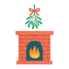 Fototapeta premium PNG Cozy fireplace with mistletoe illustration.
