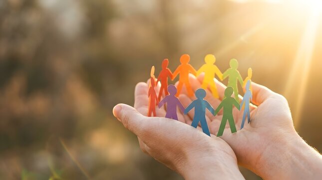 Hands holding a circle of diverse colorful paper people against a warm sunlight background, symbolizing global community, social unity, inclusion, and mutual support in a natural setting.