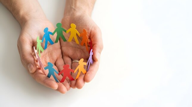 Hands holding a diverse circle of colorful paper people figures, representing global unity, social inclusion, community support, and cooperation on a clean white background for conceptual use.