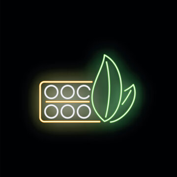 Neon light icon representing natural health supplements, pills, and green leaves