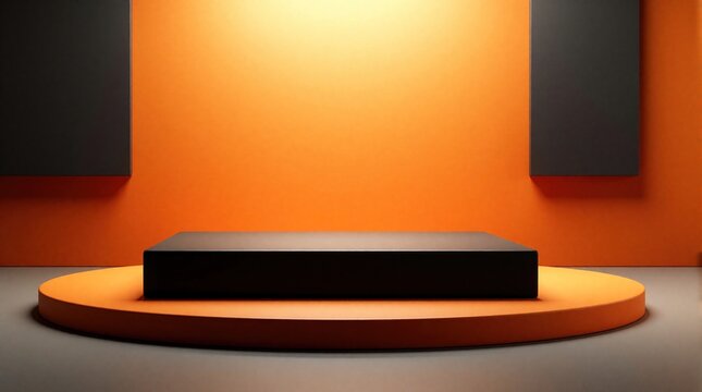 Minimalist black rectangular podium stands on orange circular base. Bright warm light illuminates empty stage in modern studio. Abstract geometric shapes create bold contrast for product display.