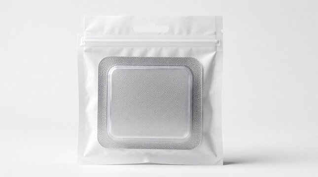 Blank square blister pack inside zip lock pouch. White ziplock bag on plain background. Empty retail package for product display. Small clear plastic container.