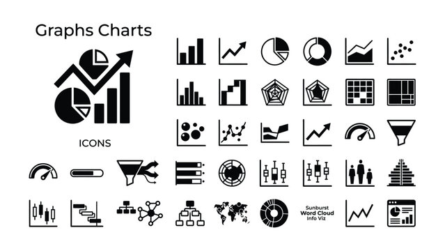 Data Visualization Icons: A collection of graphic icons representing various data charts and graphs, including bar charts, line graphs, pie charts, and scatter plots.