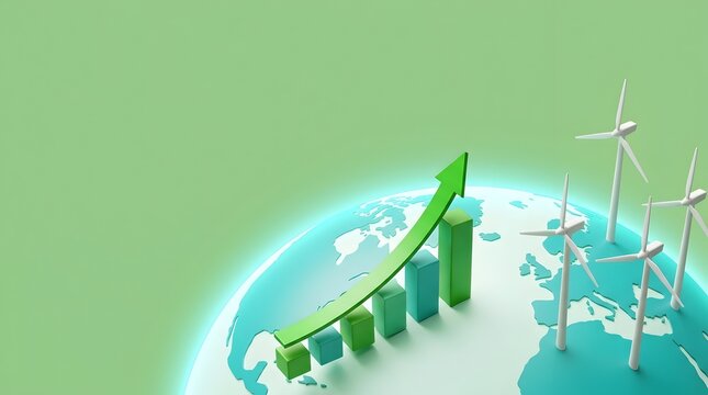 Conceptual 3D illustration of a green globe with rising financial bar charts and wind turbines representing sustainable global economic growth and renewable energy development on green background.