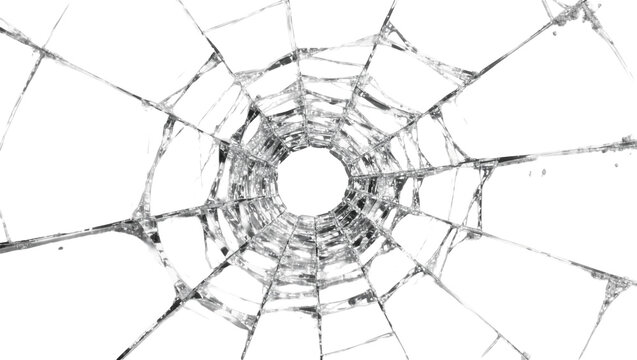 Radial pattern of shattered glass fragments, isolated on transparent background