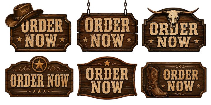 Vintage western wooden signs collection, rustic order now call to action buttons, set of 6 wild west timber plaques for retail