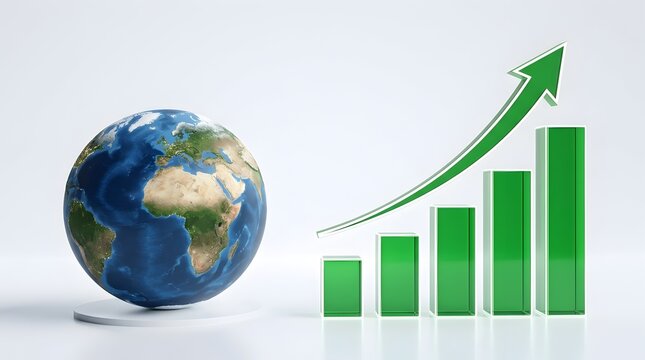 Global growth concept with 3D earth globe, rising green bar chart and upward arrow on white background representing economic success and environmental sustainability.