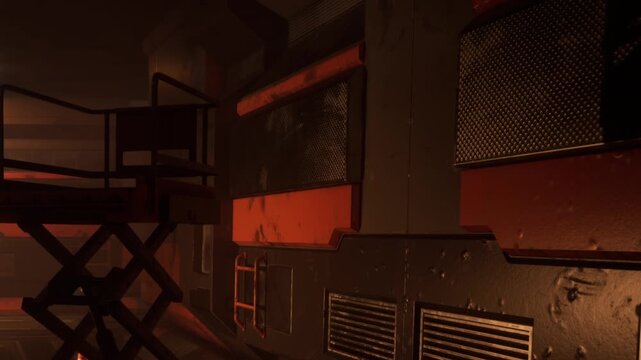 Workers operate machinery in a dark industrial area with red lighting. Metal structures can be seen around. The space appears to be busy with ongoing tasks and activity.