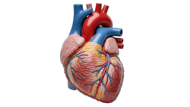 Detailed anatomical human heart model with red arteries and blue veins, isolated on transparent background