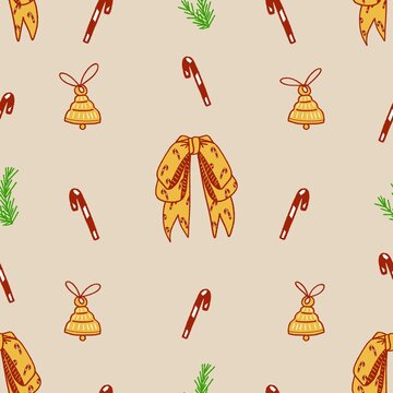 Vintage Christmas pattern with golden bow, bells, candy canes, pine sprigs on warm beige background