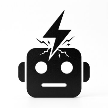 A stylized black robotic head icon with a lightning bolt symbol striking the top, representing electrical power or a sudden tech idea.