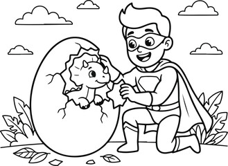 Fototapeta premium Superhero boy helping a baby dinosaur hatch from an egg coloring page for children