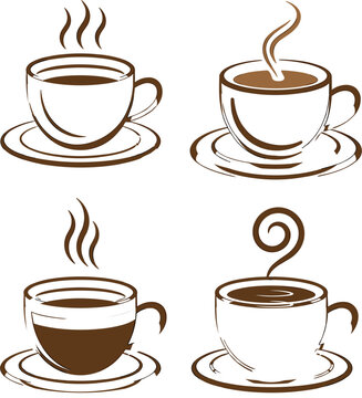 Hot coffee cup vector linear sketch outlines collection, steaming morning beverage cafe icon setcoffee, cup, mug, hot, steam, drink, beverage, cafe, espresso, cappuccino, linear, sketch, outline, vect