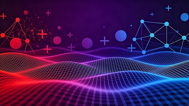 Abstract digital network with red blue gradient nodes and futuristic grid lines