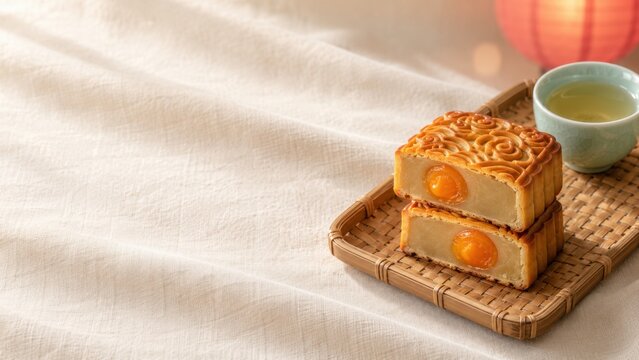 Traditional baked mooncake with salted egg yolk filling on bamboo tray with cup of tea and paper lantern
